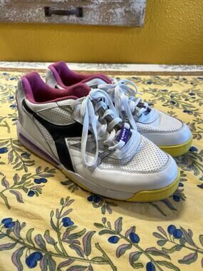 Diadora White Black Yellow Purple Accent Low-Top Sneakers